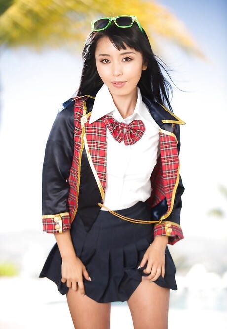 Stunning asian bombshell Marica Hase in uniform outfit bares her ass outdoor